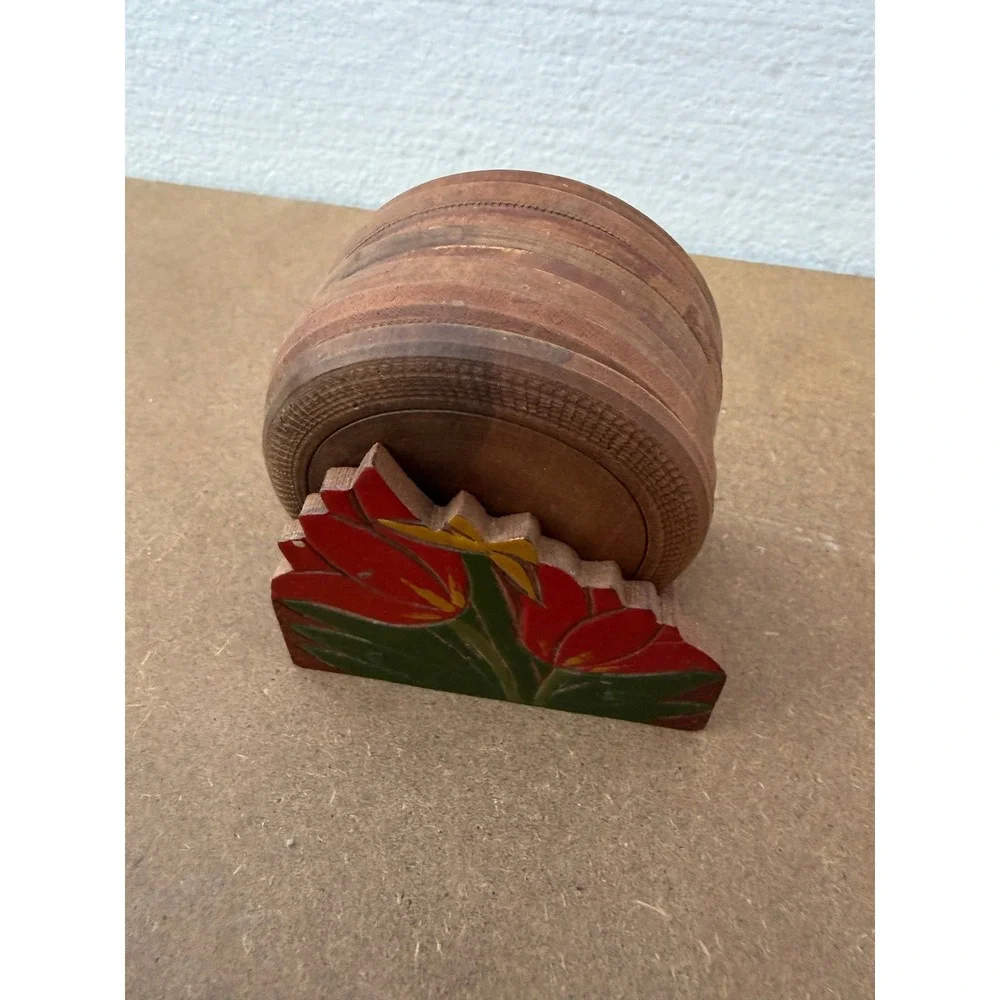 Vintage Wooden Coaster Set with Painted‎ Tulip Holder 6 Piece Rustic Folk Art